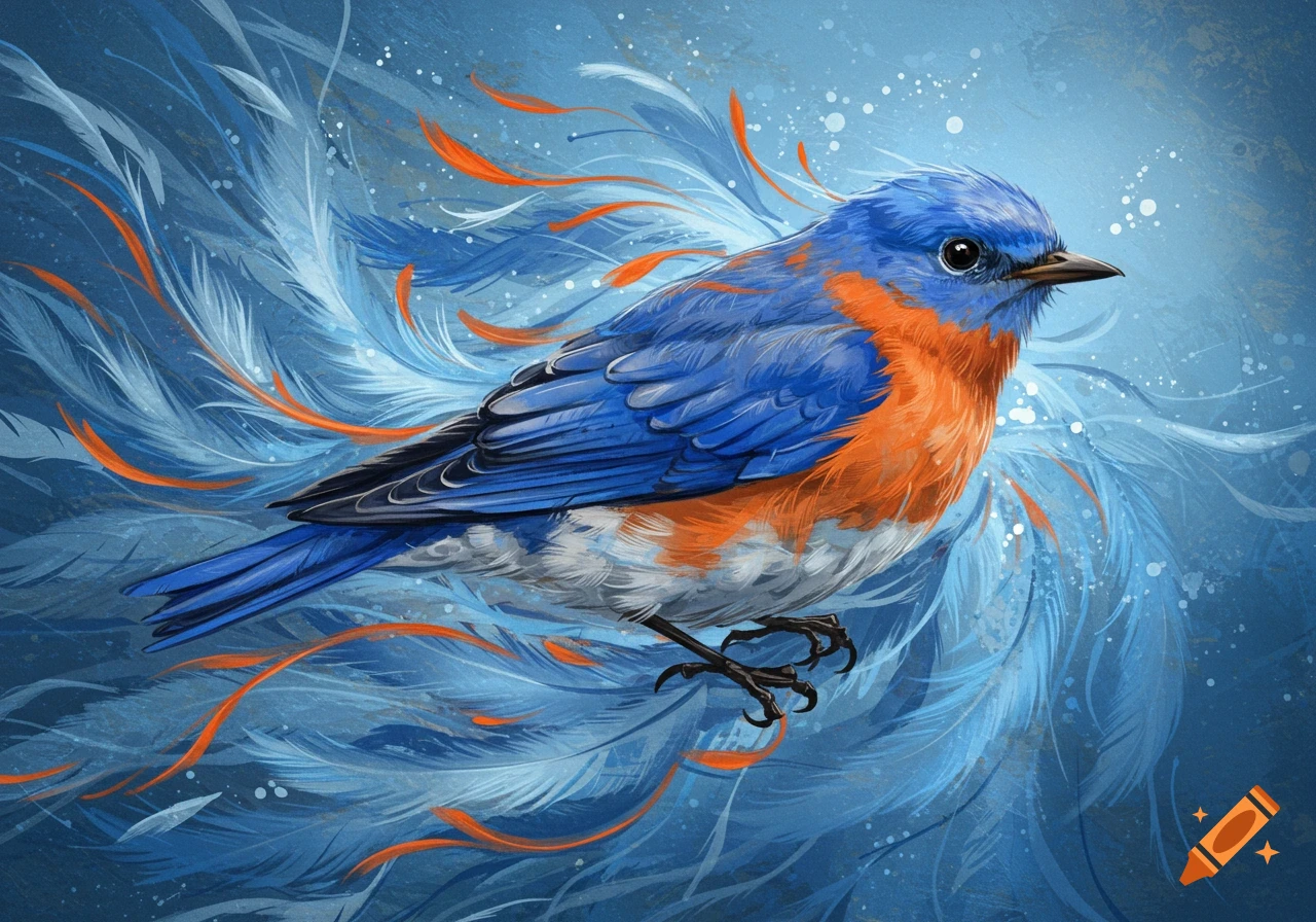 An abstract illustration of a blue and orange bird with flowing feathers against a blue background.
