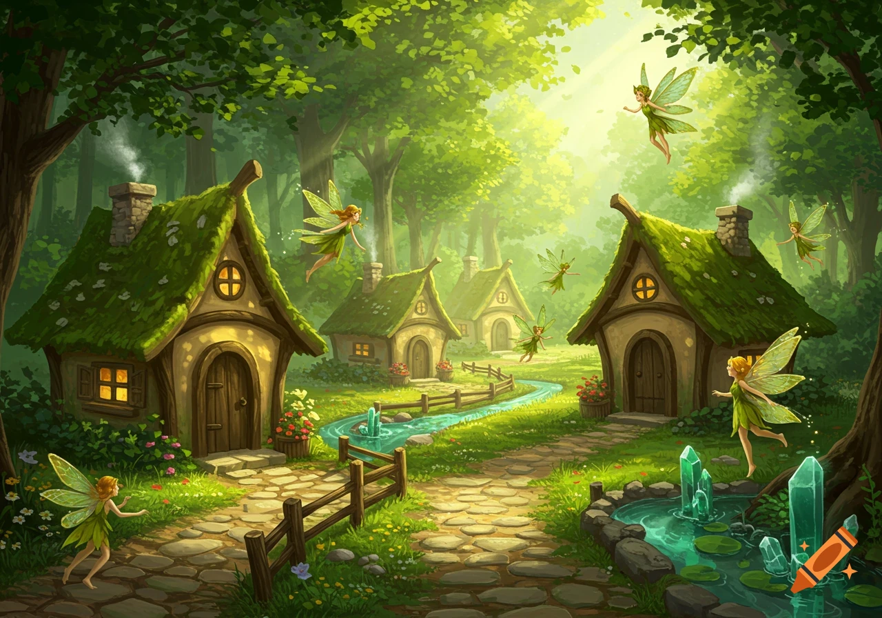 Fairies fly around charming moss-covered houses in a sunlit fantasy forest village with a stone path and stream.