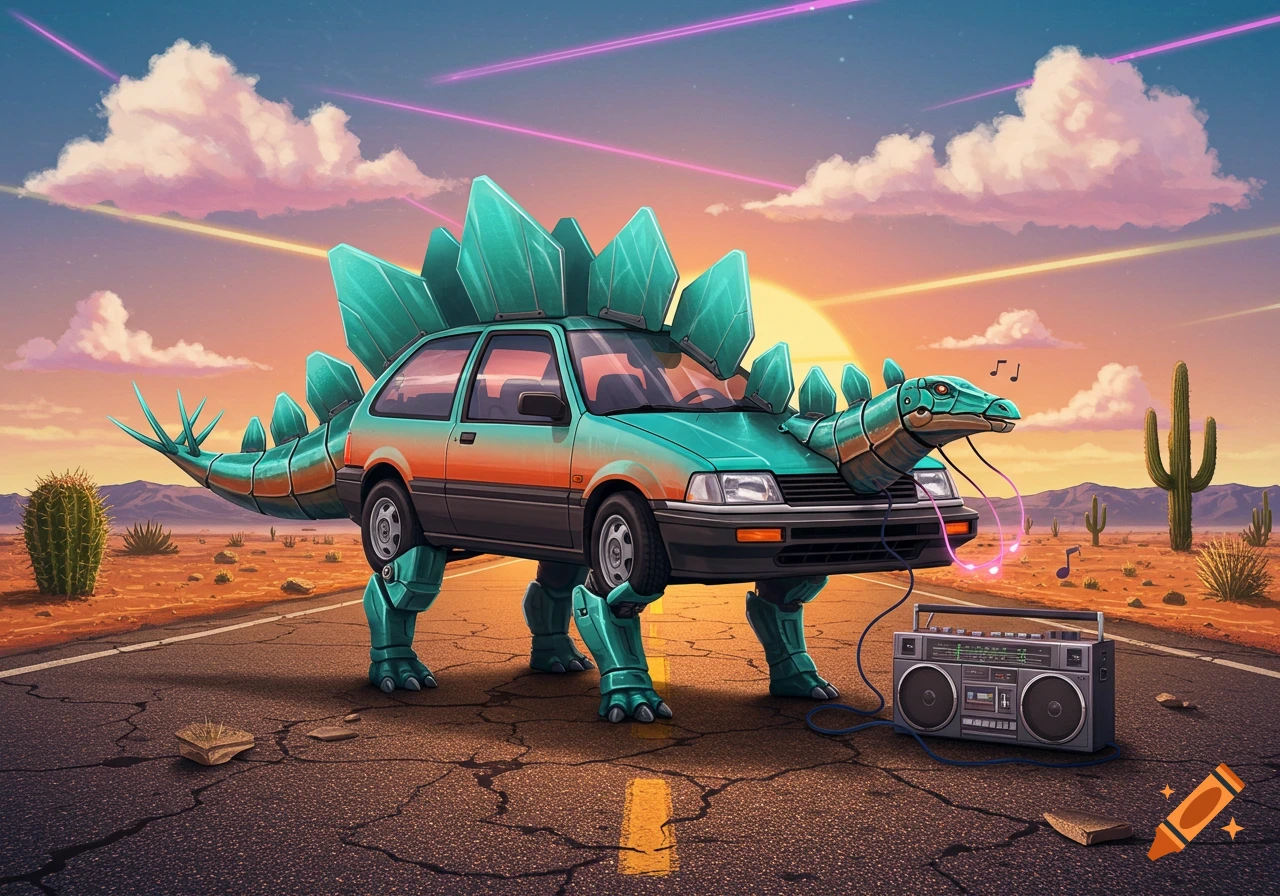 A teal 1980s car, transformed into a stegosaurus with a boombox, stands on a desert road at sunset with laser beams overhead.