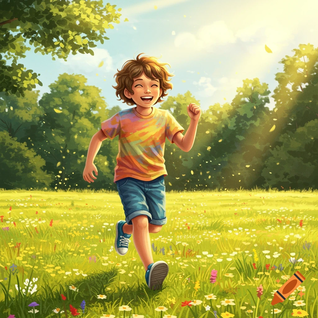 An illustrated happy boy with curly hair runs through a sunny field filled with colorful flowers.