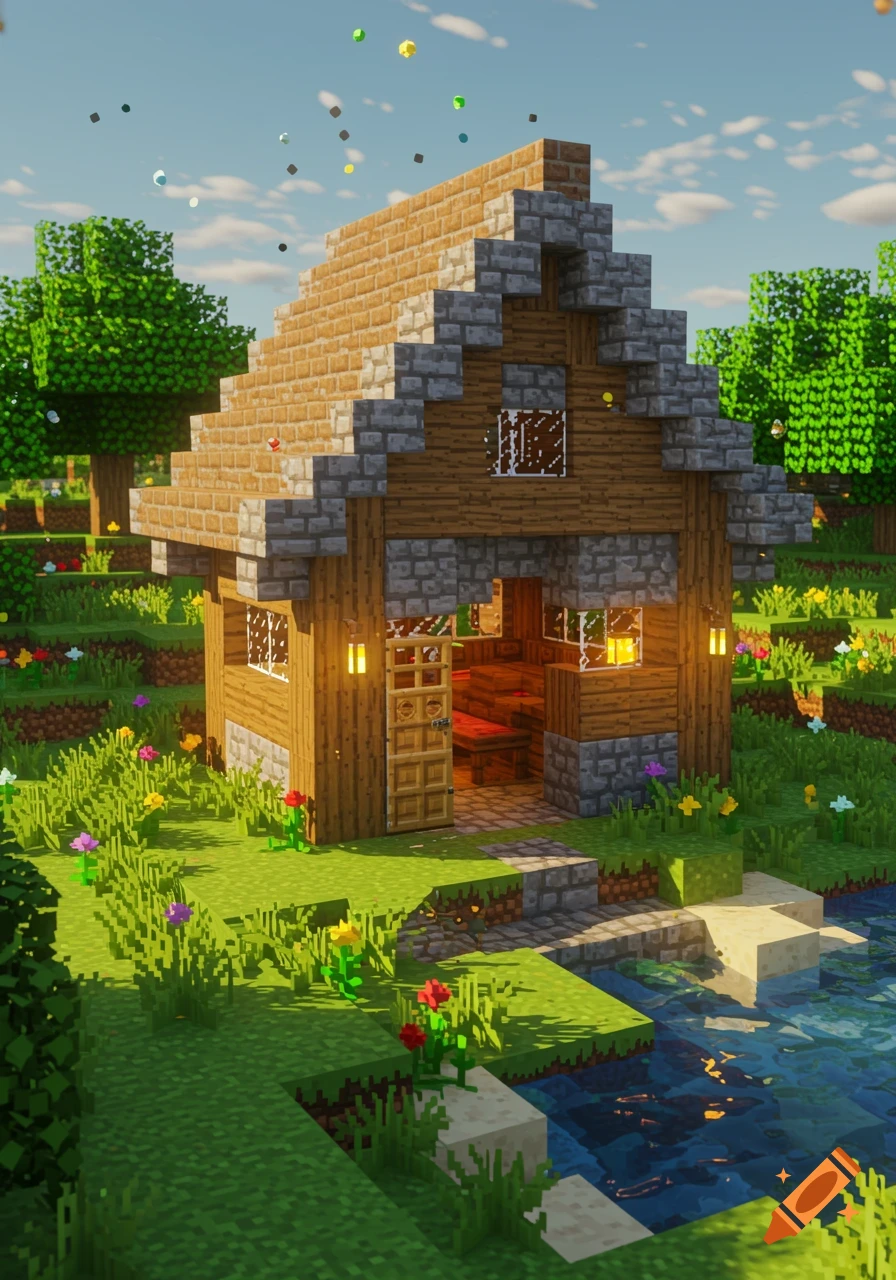 A sunny, blocky Minecraft-style house with a wooden roof and stone base, surrounded by green grass, colorful flowers, and a clear stream.