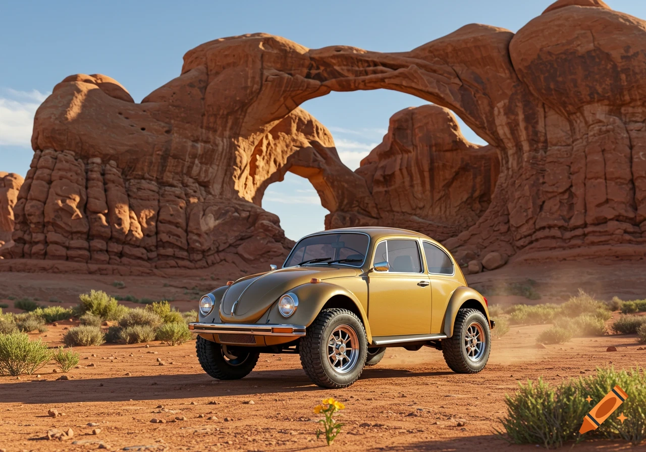 A gold 1974 VW Beetle with off-road tires parked on red desert ground, with large orange rock arches in the background under a blue sky.