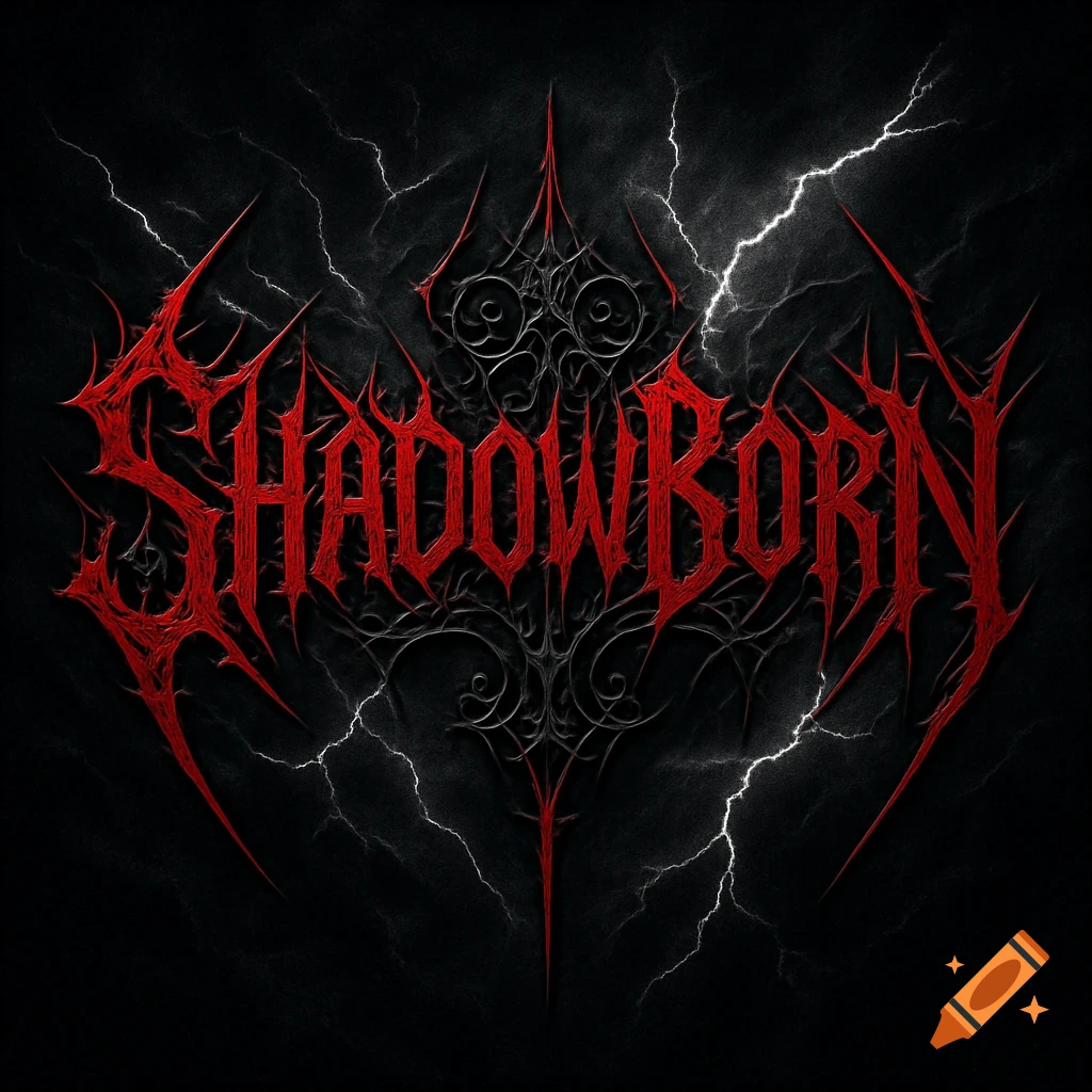 A jagged, red text logo for "SHADOWBORN" with intricate dark patterns and white lightning on a black background.