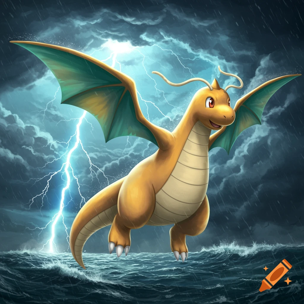 Dragonite flies over stormy, wavy seas under a lightning-filled sky.