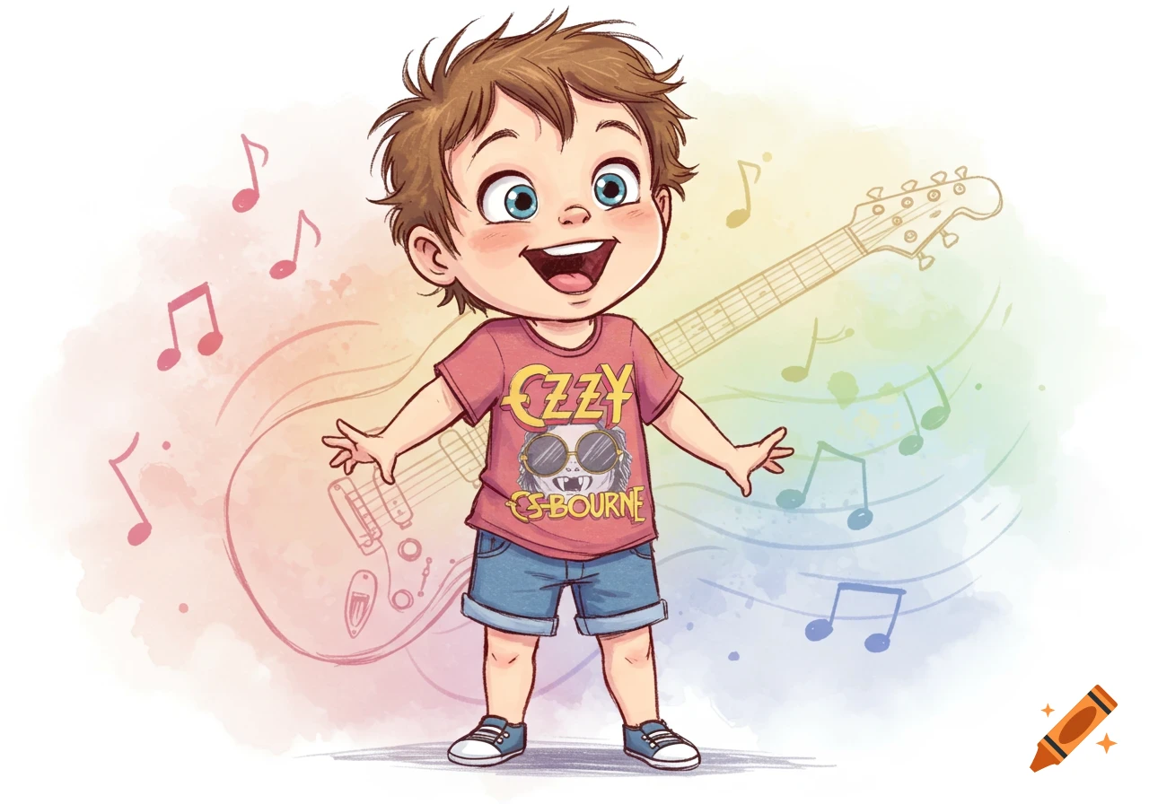 A happy cartoon boy wearing an Ozzy Osbourne t-shirt, standing in front of a faint guitar outline and musical notes.