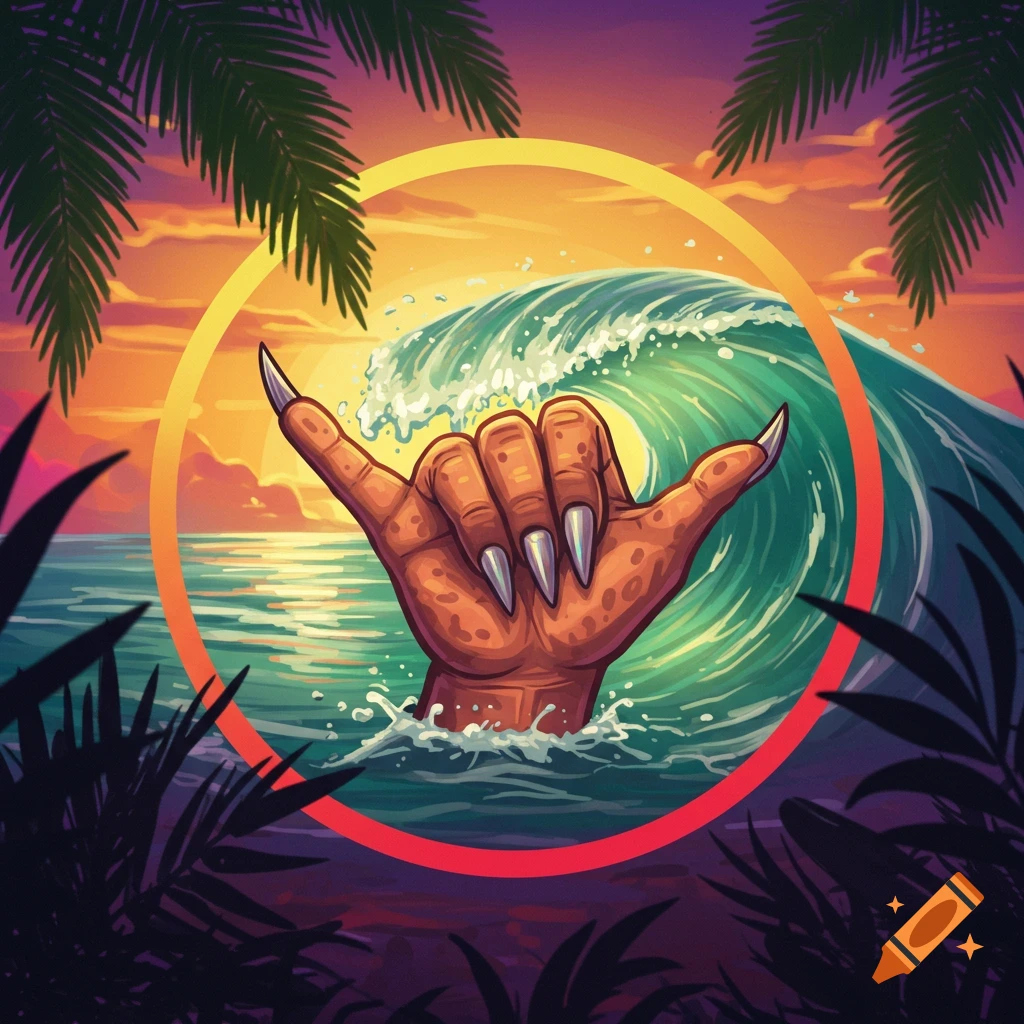 Stylized hand with claws making a shaka sign in tropical ocean with sunset and wave, framed by a gradient circle.