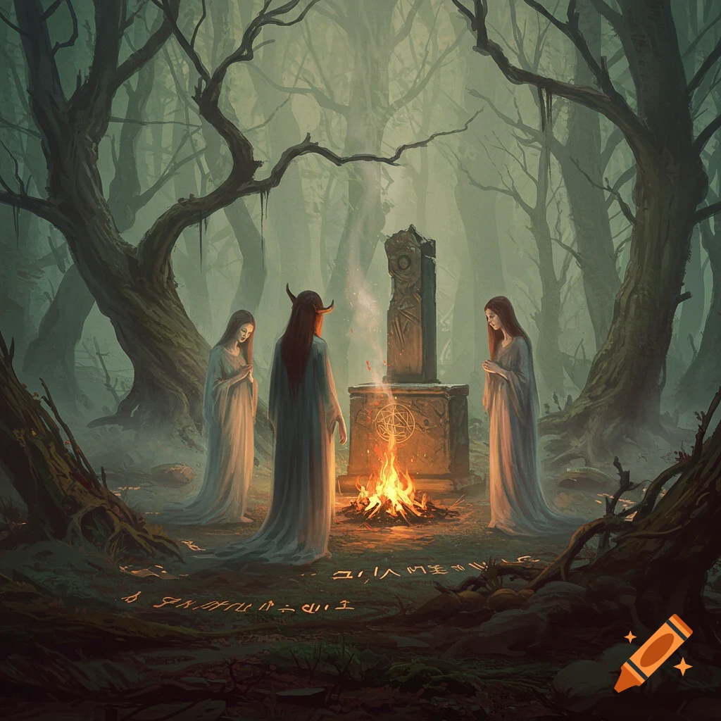 A dark, misty forest scene with three robed women performing a ritual around a fire and an ancient stone altar, with glowing symbols on the ground.