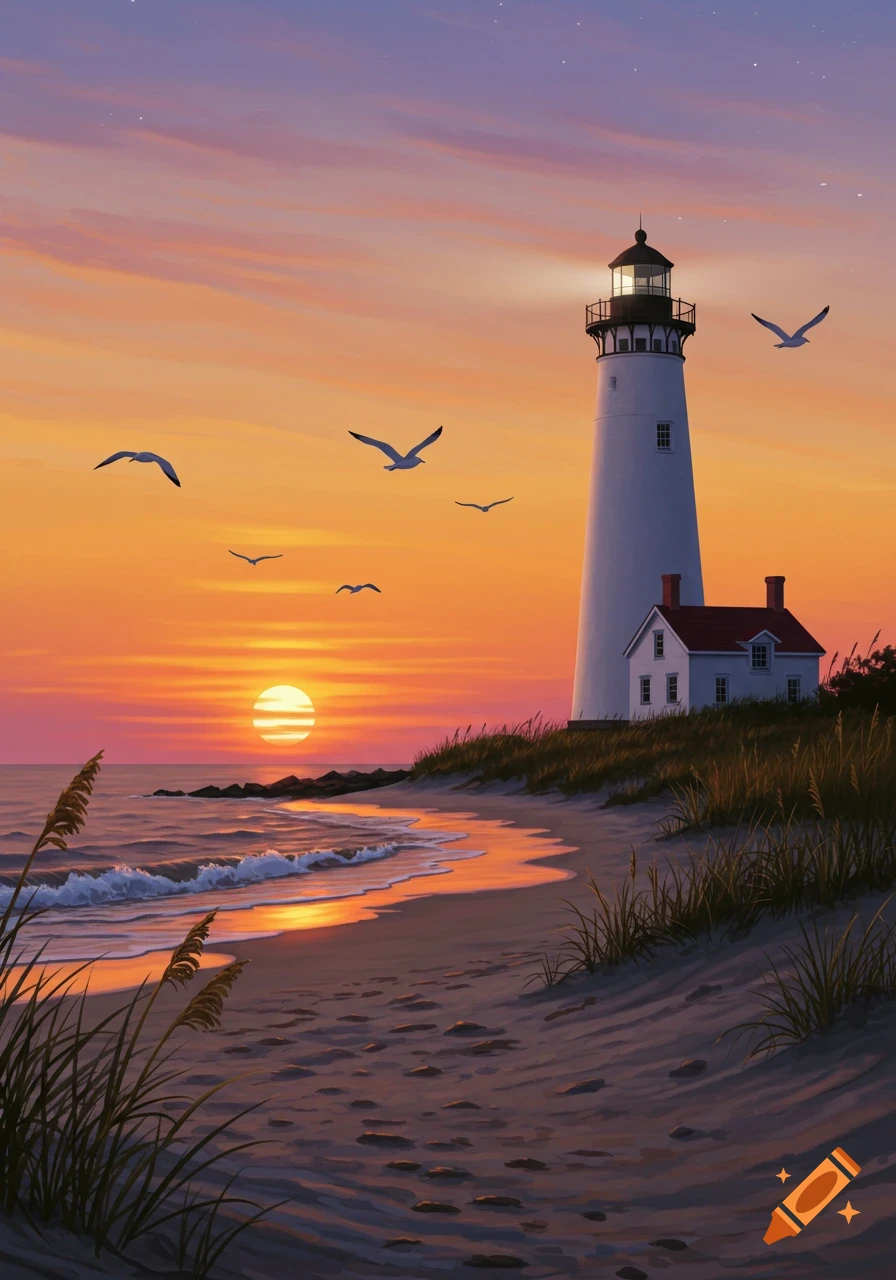A painting of a white lighthouse on a sandy beach at sunset, with seagulls flying over the ocean waves.