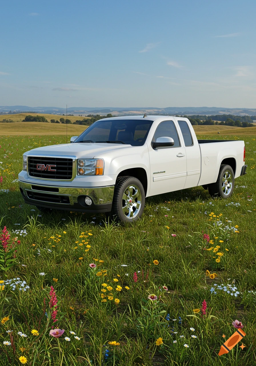 A white GMC pickup truck parked in a vibrant green field with colorful wildflowers under a blue sky.