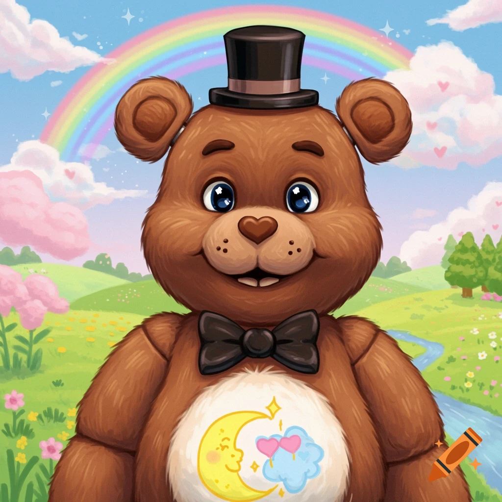 A happy brown Care Bear-style bear in a top hat and bow tie with a moon and hearts belly badge, in a whimsical landscape with a rainbow.