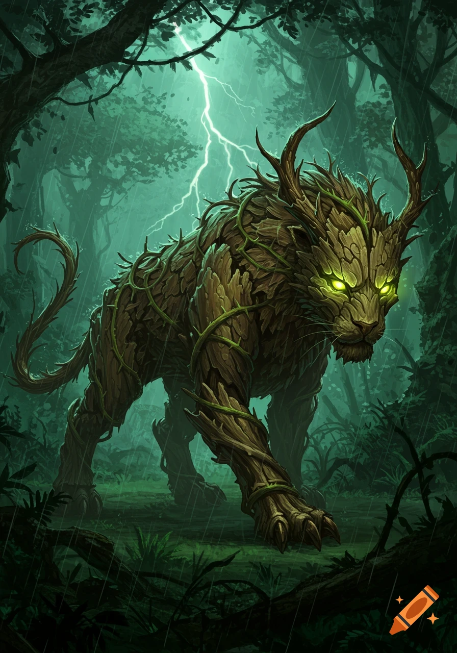 A powerful mythical Thornbeast, a panther-like creature of bark and thorny vines with glowing eyes, stands in a dark, rainy forest under lightning.