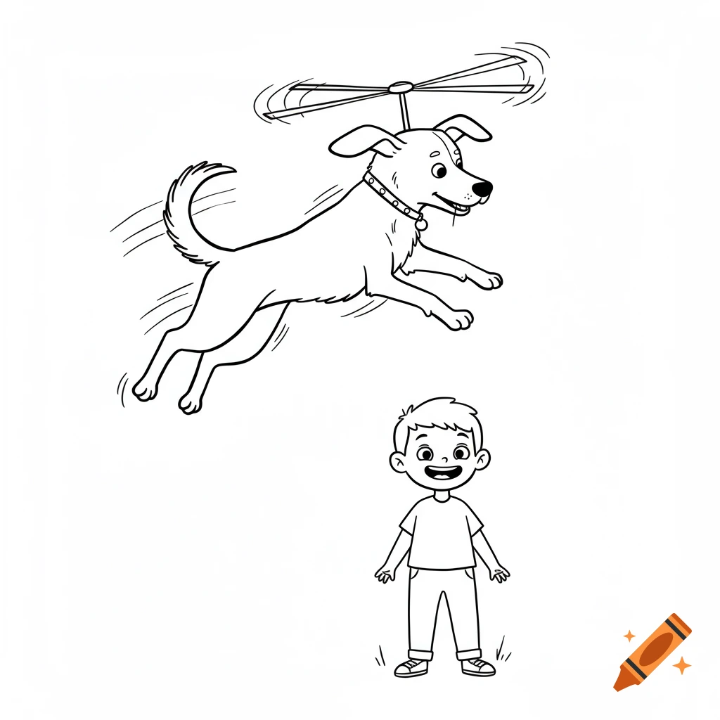 Black and white line drawing of a dog mid-jump with its tail spinning like a helicopter rotor above a smiling boy.