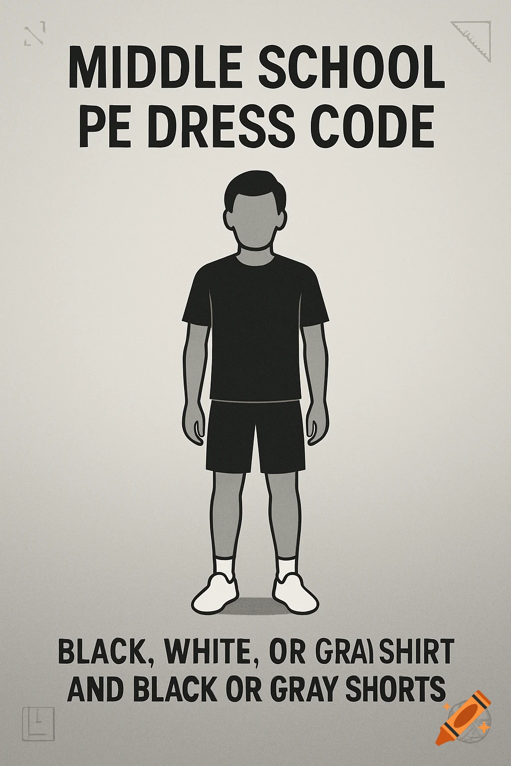 An illustrated poster showing a child in black athletic wear, detailing a middle school PE dress code.