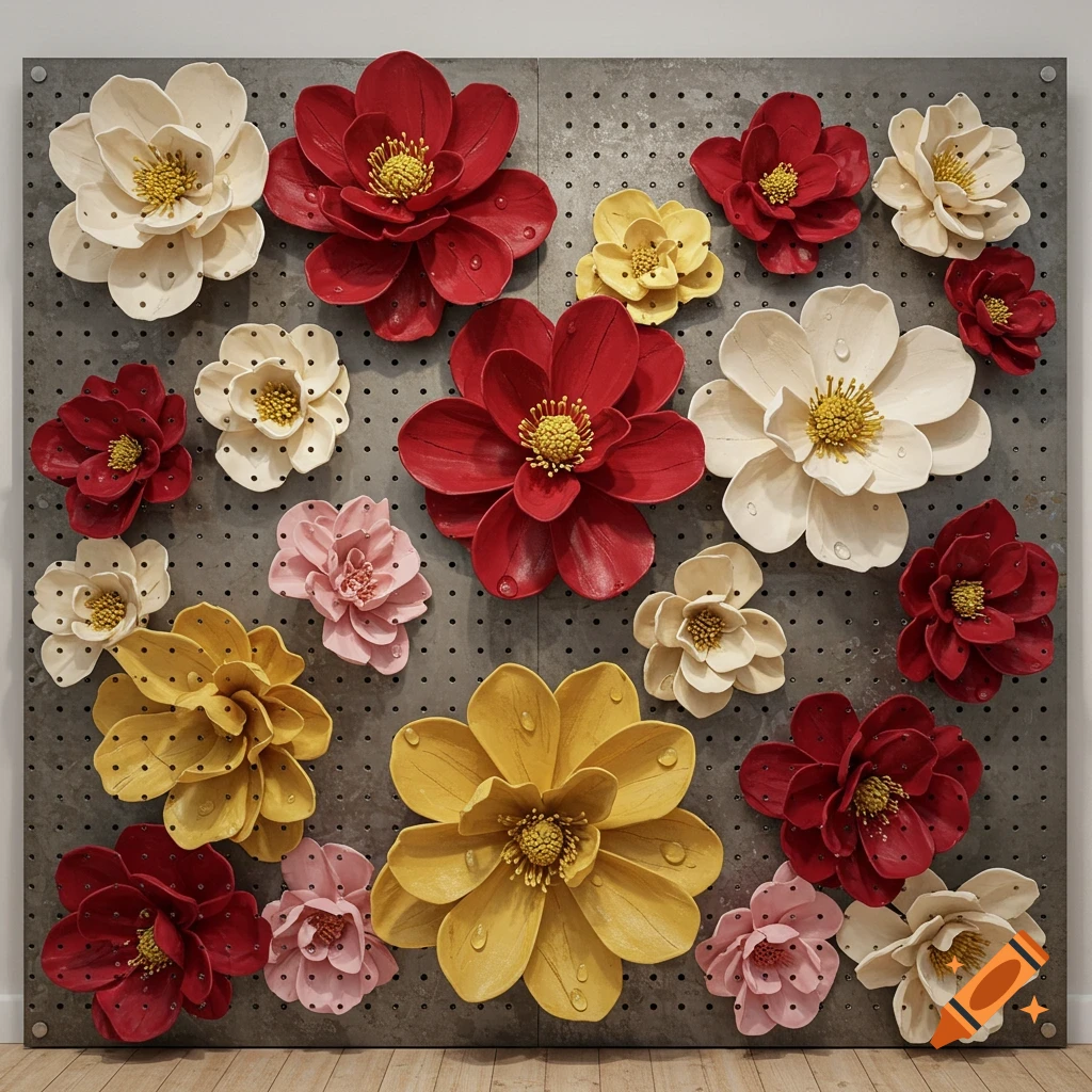 A photorealistic image of a wall mural featuring an array of 3D flowers in red, yellow, pink, and cream, mounted on a gray pegboard.