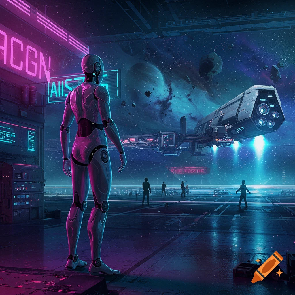 AI robot watching a spaceship take off from a futuristic spaceport under a starry sky with planets, bathed in neon pink and blue light.