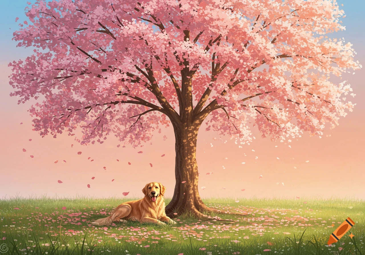 A golden retriever lies under a large cherry blossom tree with pink petals falling on a grassy field in an artistic style.