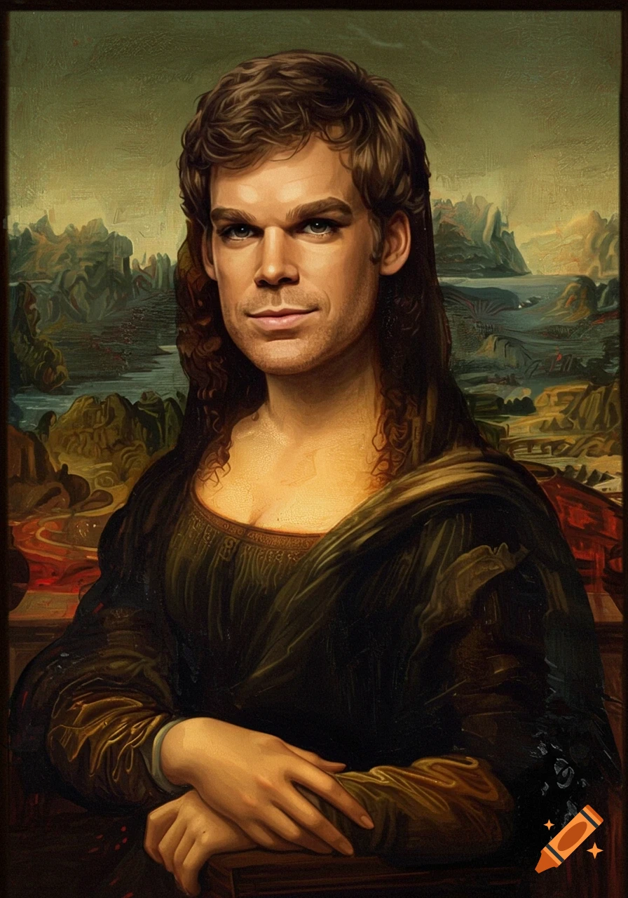 A painting of Dexter Morgan's face on the Mona Lisa's body, set against a landscape.