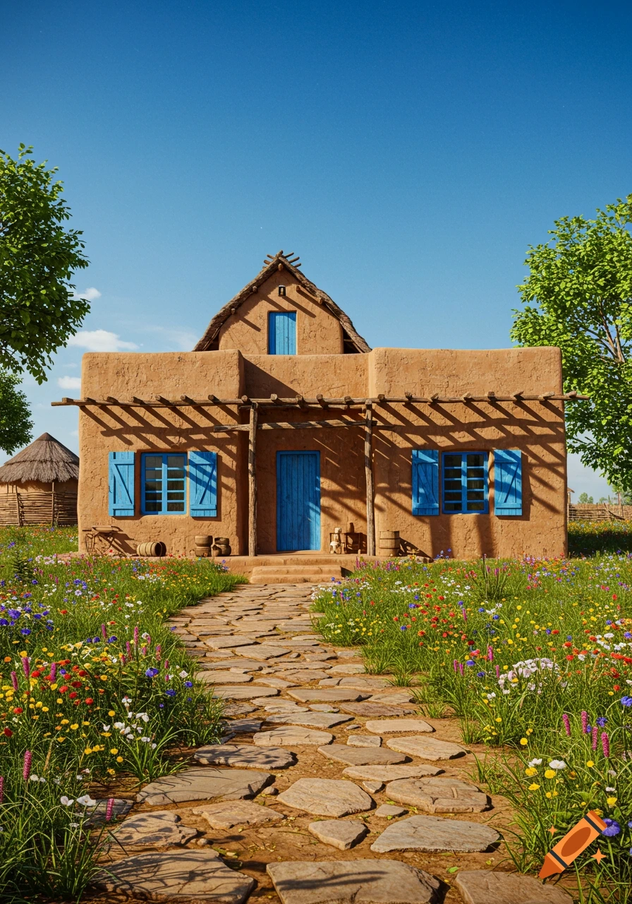 A sunlit adobe house with blue shutters and a thatched roof, surrounded by a vibrant wildflower meadow and a stone path.