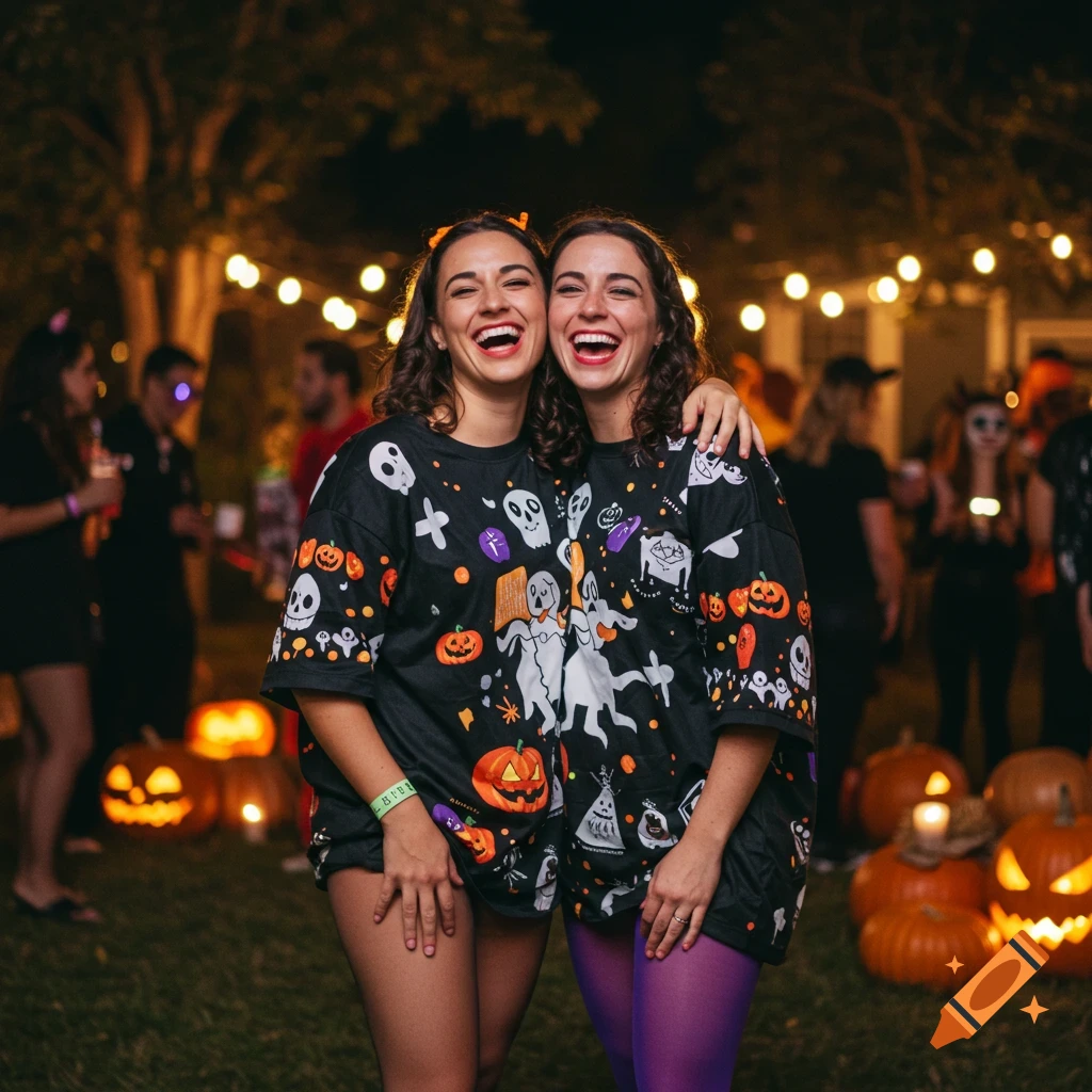 Two smiling women in Halloween-themed shirts hug at an outdoor night party with illuminated pumpkins and string lights.