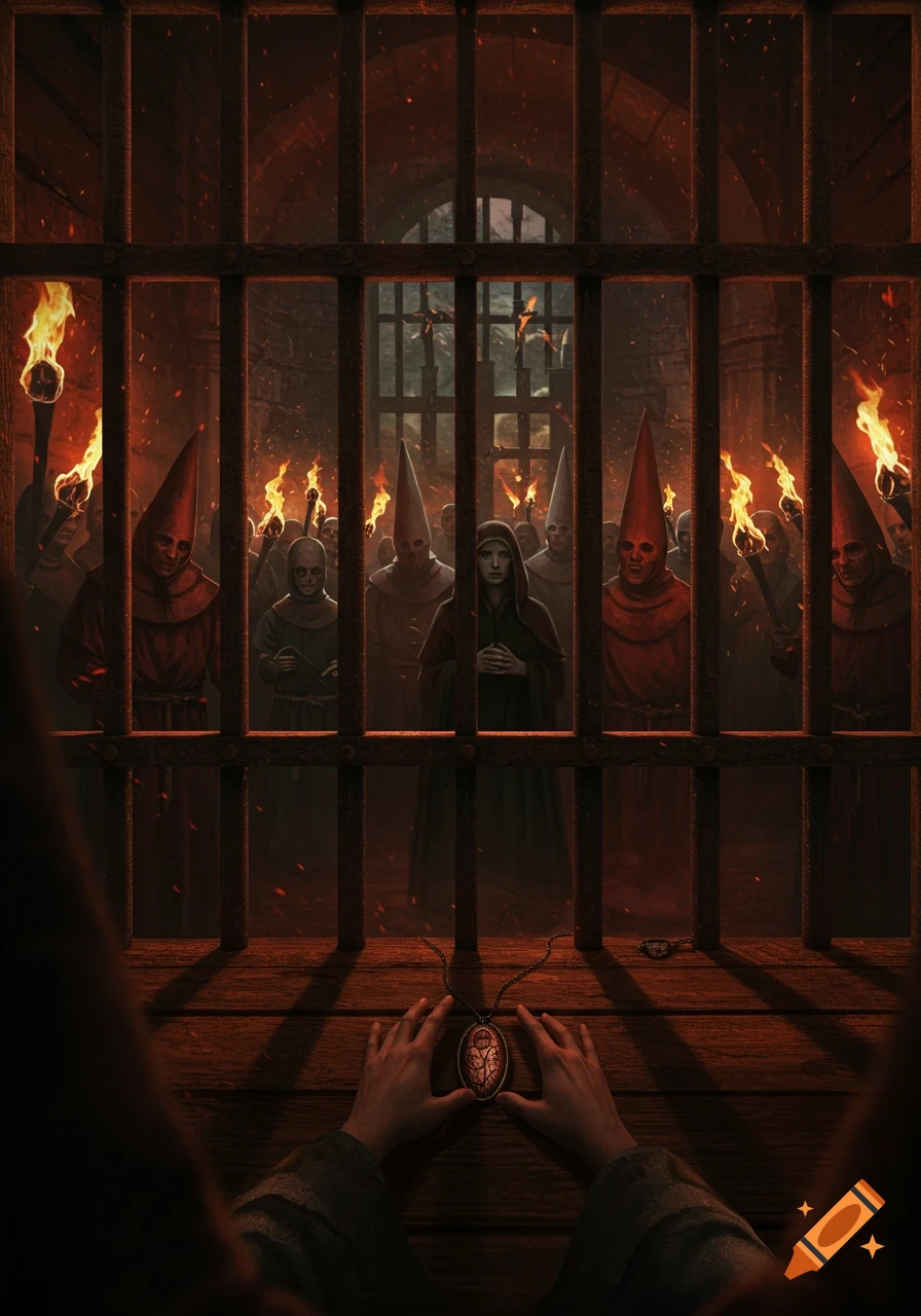 From a prison cell, a pair of hands holding a pendant look out at a torch-lit crowd of robed figures with pointed hoods and mask-like faces.