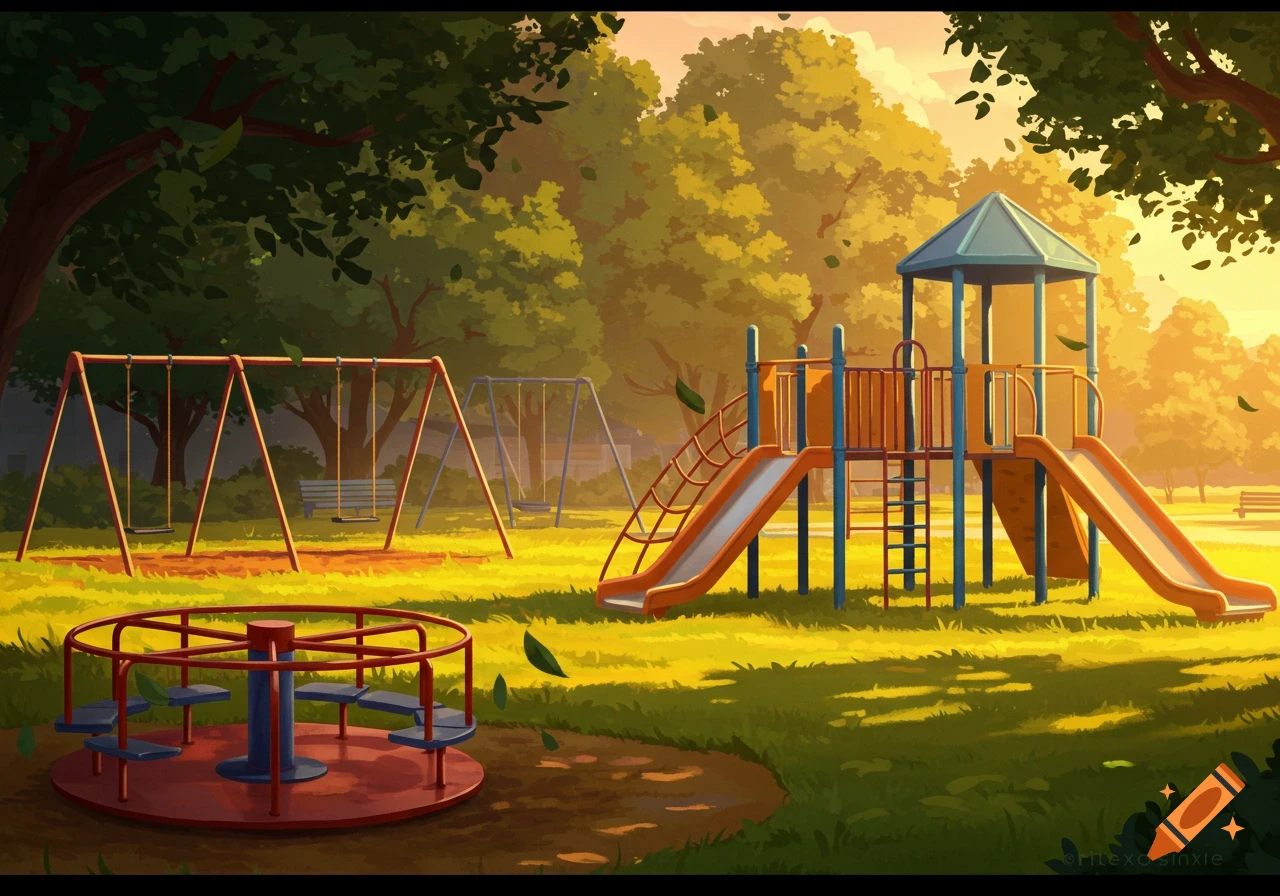 An illustrated playground in a park with swings, slides, and a merry-go-round, bathed in warm, golden sunlight.