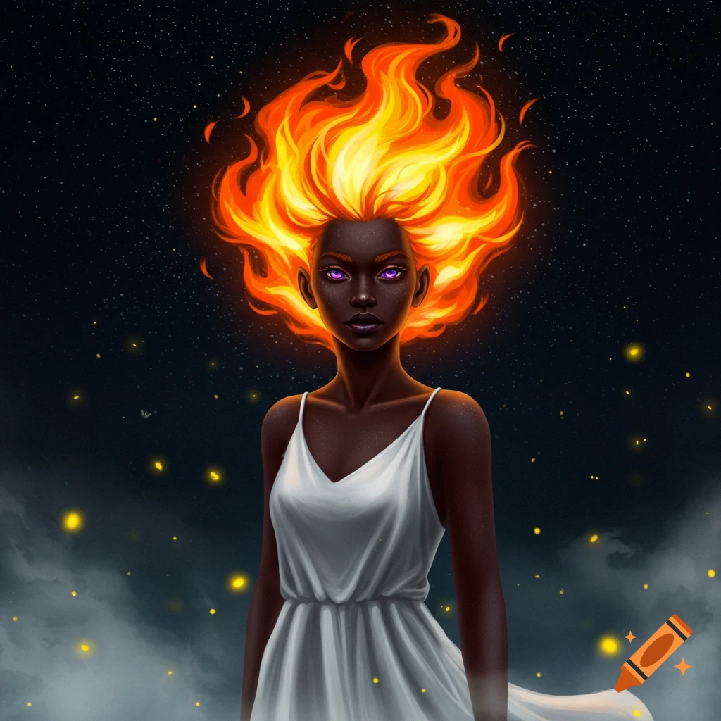 A woman with dark skin and glowing purple eyes has vibrant orange flames for hair and wears a white dress against a starry night sky.