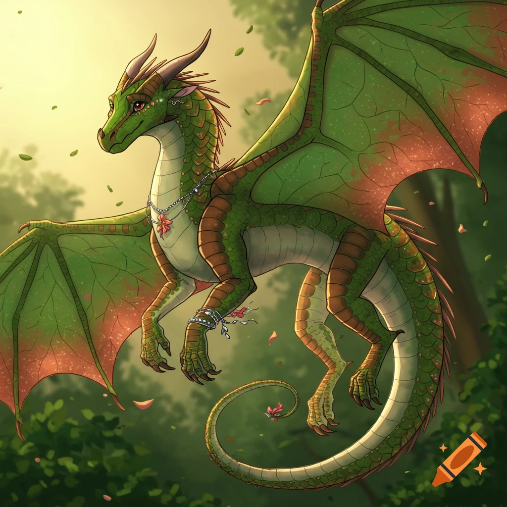 Illustrated green and rose gold dragon with necklace and anklet, flying through sunlit foliage.