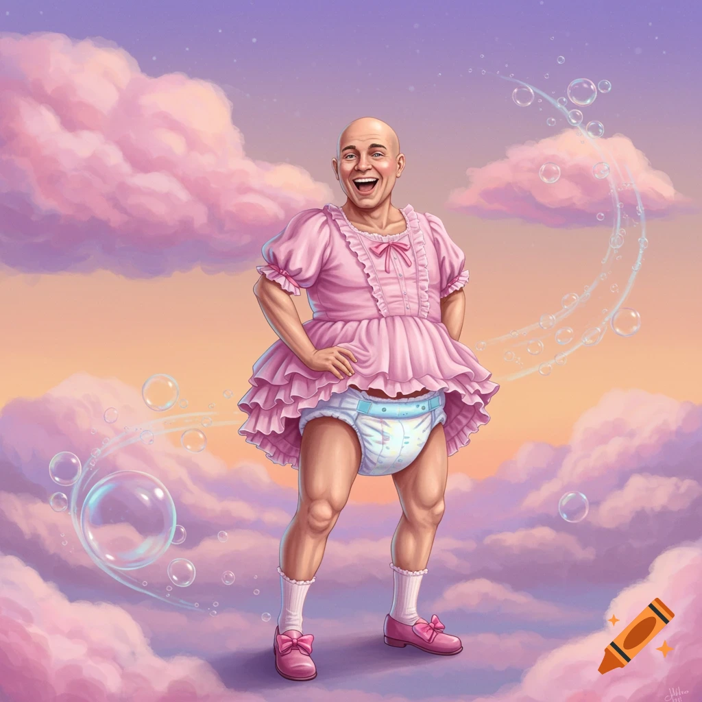 Bald middle-aged man in a pink frilly dress and diaper, laughing, floating among pink and purple clouds with bubbles.