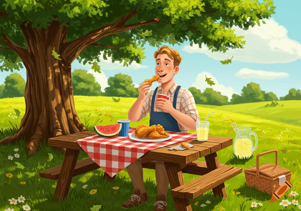 An illustrated man enjoys a picnic with fried chicken and watermelon under a large tree in a sunny field.