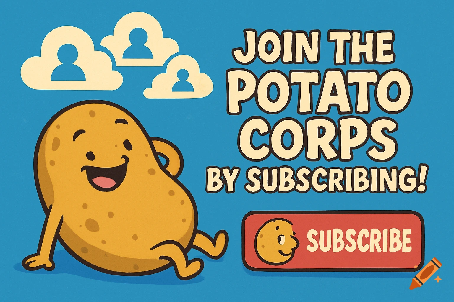 A smiling cartoon potato character on a blue background next to the text "Join the Potato Corps by subscribing!" and a "Subscribe" button.