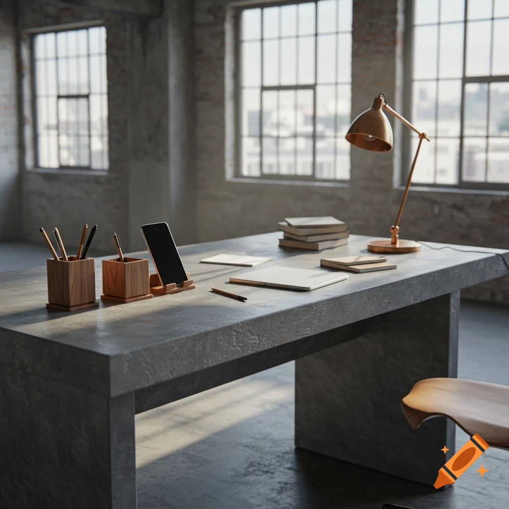A photorealistic image of a concrete desk with walnut wood accessories, a lamp, books, and a laptop in an industrial-style room.
