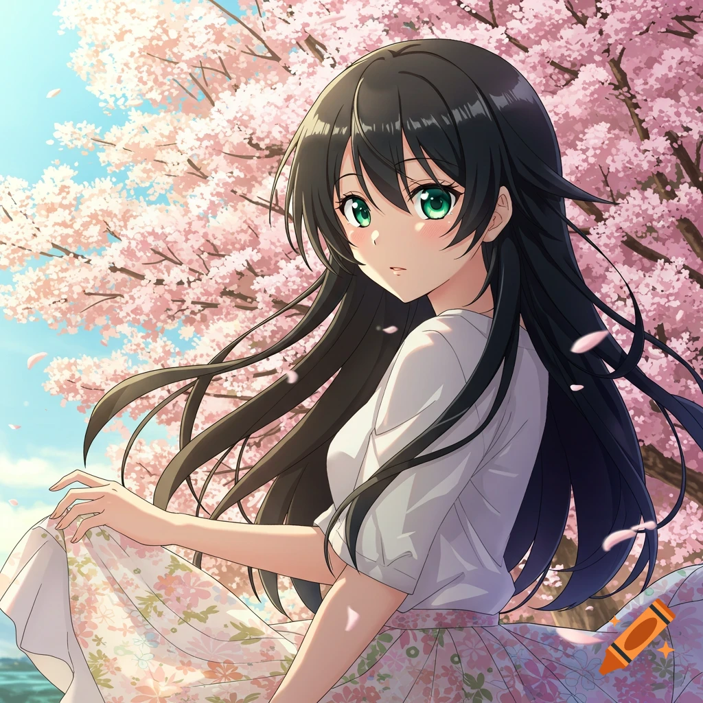 An anime girl with long black hair and green eyes sits under a cherry blossom tree with falling petals, wearing a white shirt and floral skirt.