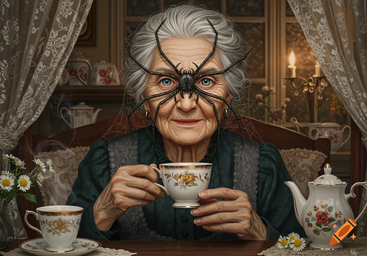 A detailed portrait of an elderly woman with a large black spider on her face, holding a teacup in a cozy room.