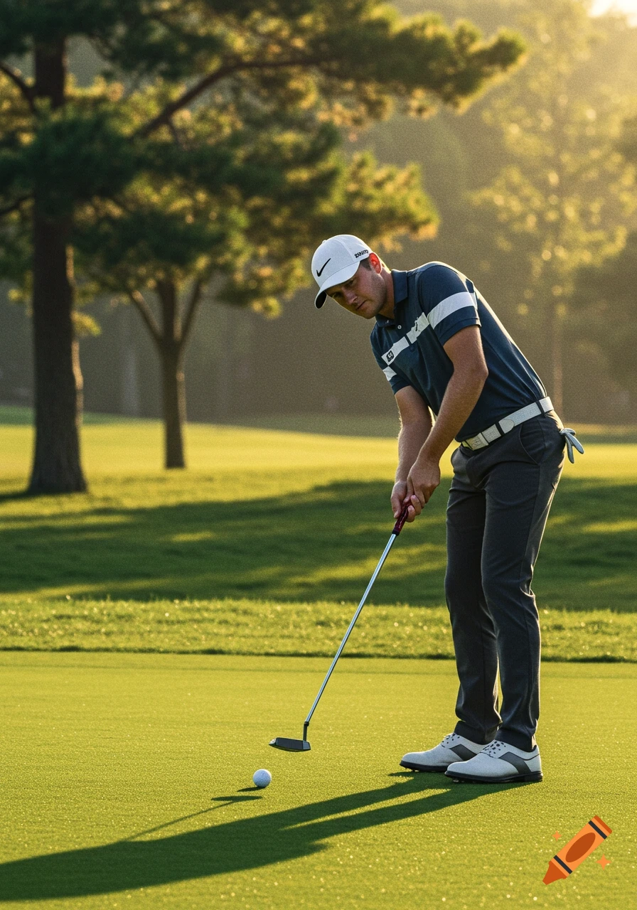 A man in a polo shirt and hat is putting on a golf course under warm sunlight.
