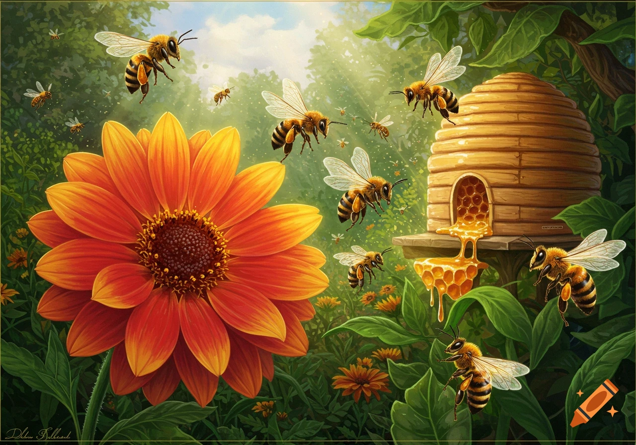 An illustration of a large orange flower, a wooden beehive with honey dripping, and many bees flying around in a lush green environment with sun rays.