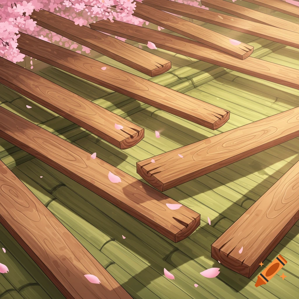 Anime style image of wooden planks crossing over a green surface with scattered pink cherry blossom petals.