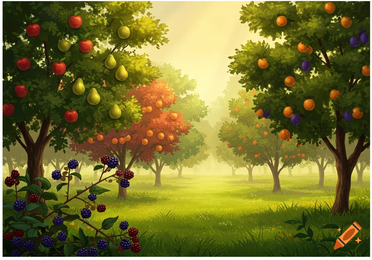 A vibrant, sunlit orchard illustration with trees bearing apples, pears, oranges, and plums, and a blackberry bush in the foreground.