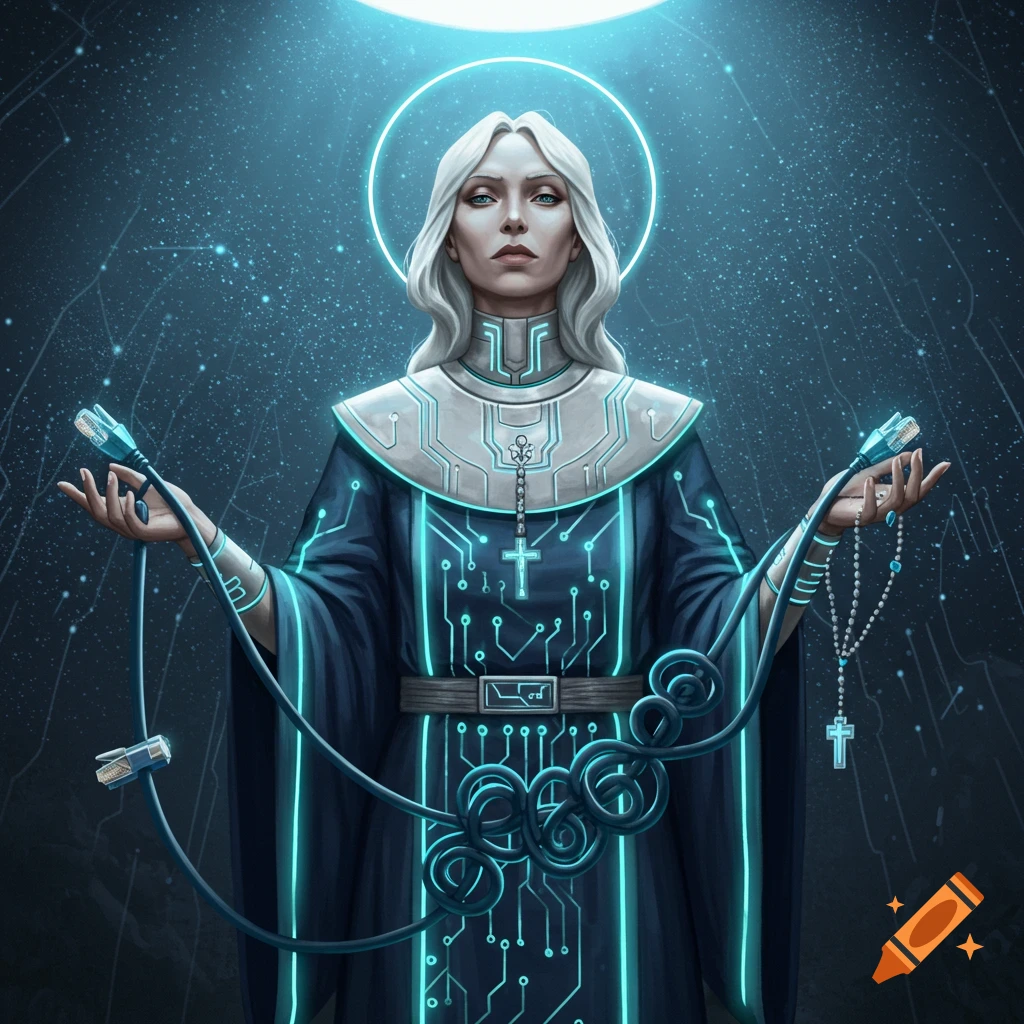 A stylized digital art image of a woman with white hair and a halo, dressed in a black and glowing blue circuit-patterned robe, holding ethernet cables and a rosary of cables.