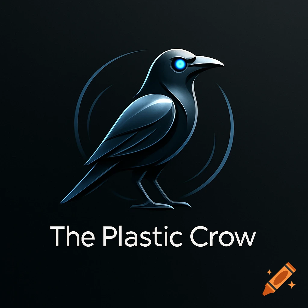 A sleek, metallic crow with glowing blue eyes stands against a dark background, with the text "The Plastic Crow" below.