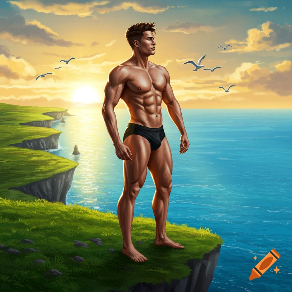 A muscular man in black briefs stands on a grassy cliff overlooking the ocean at sunset with seagulls flying.