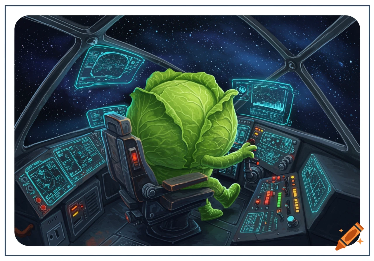 A green humanoid cabbage with leaves for a body and short limbs pilots a detailed spaceship cockpit with glowing blue screens, looking out into a starry galaxy.