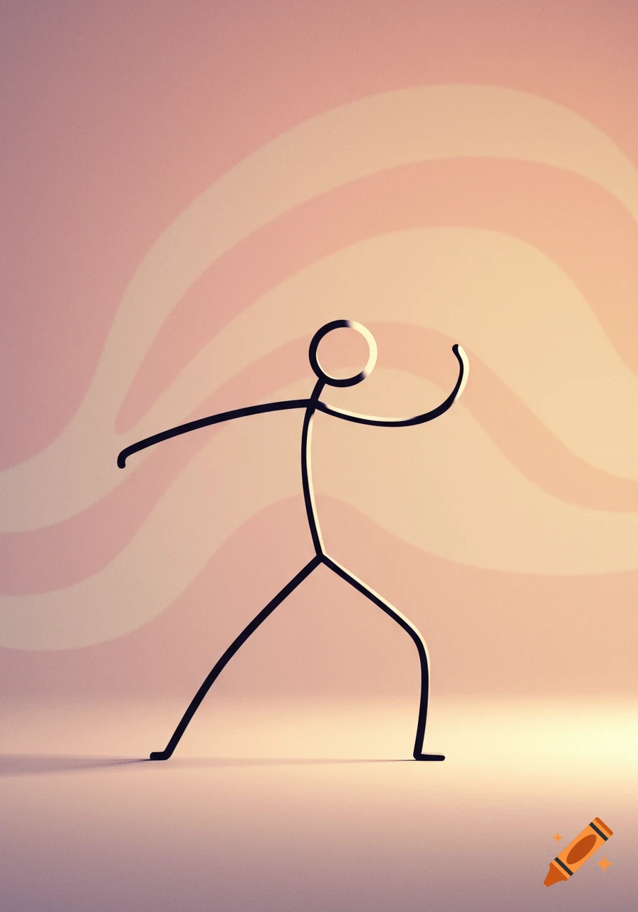 A black stick figure with bent arms and legs, appearing to dance or wave, on a soft pink and orange background with wavy patterns.
