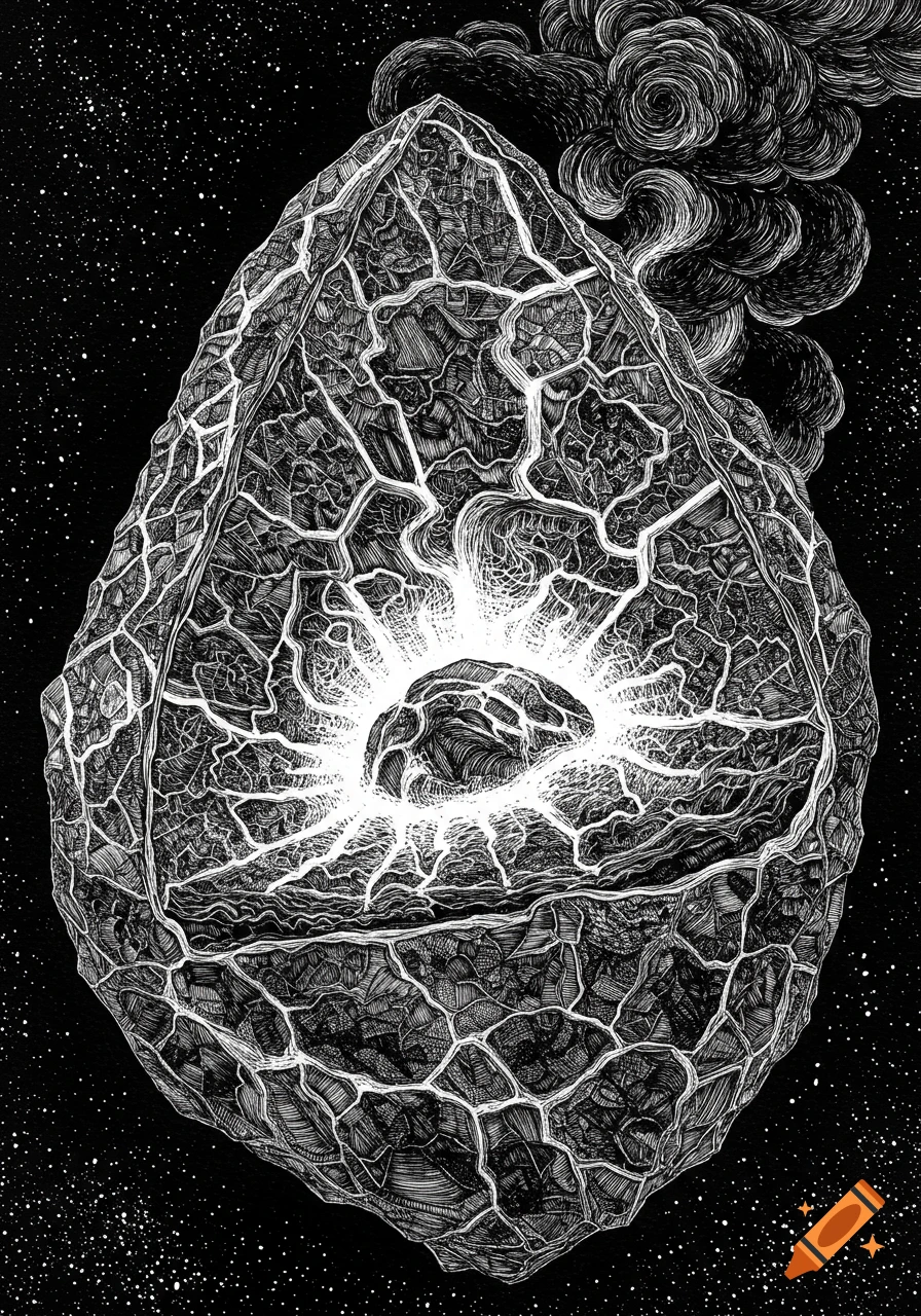 Black and white printmaking illustration of a cracked moon-like object with a glowing core, set against a starry sky.