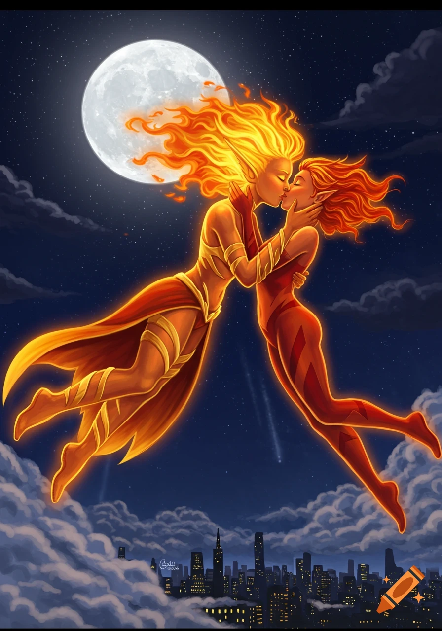 Two fire-haired elf-like superheroes passionately kiss while flying over a city skyline under a full moon at night, in a vibrant fantasy art style.