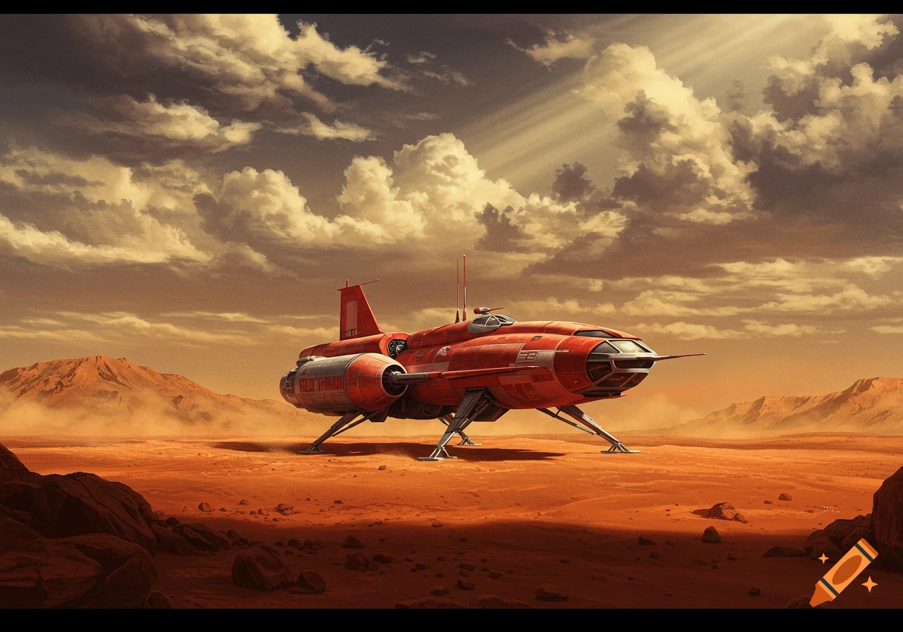 A red retro-futuristic spaceship named 'Red Thunder' sits on the dusty, red surface of Mars under a dramatic cloudy sky with sun rays.