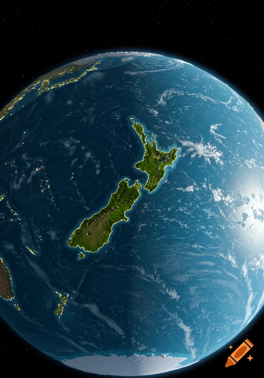 A detailed view of Earth from space, showing New Zealand glowing green amidst blue oceans and city lights.