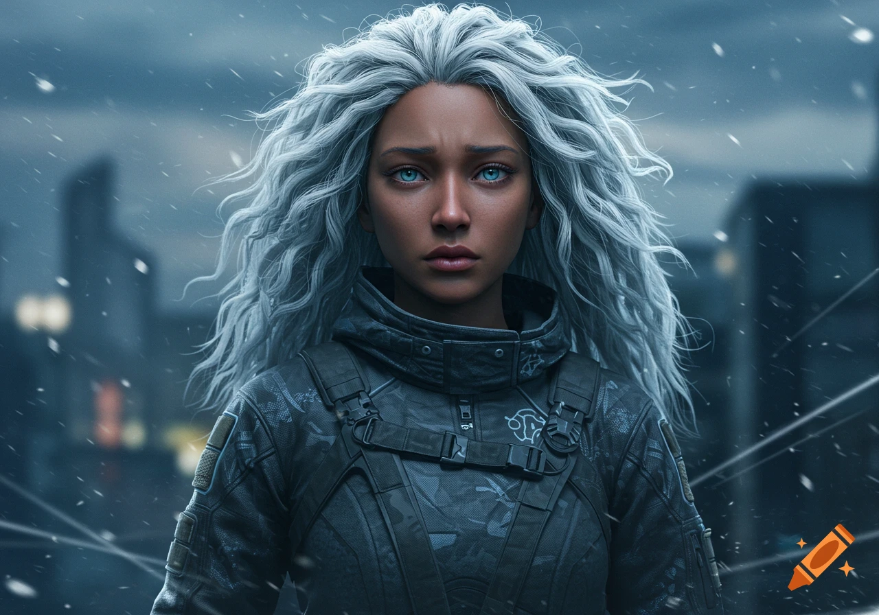 A cinematic anime portrait of a girl with long wavy white hair and blue eyes, wearing a dark tactical jacket in a snowy urban environment.