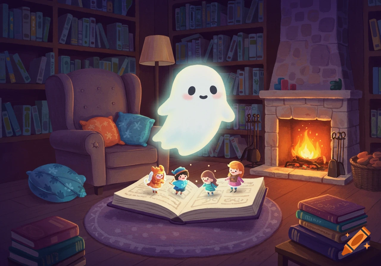 A cute cartoon ghost floats above an open book with small children in a cozy, whimsical library with a fireplace.