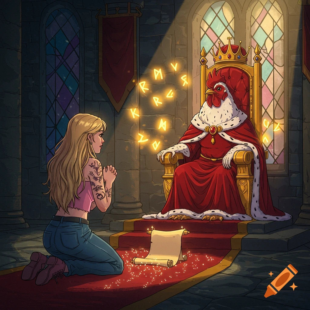A whimsical cartoon shows a young woman kneeling before a majestic chicken king on a throne in a fantasy castle, surrounded by glowing runes and sparkles.