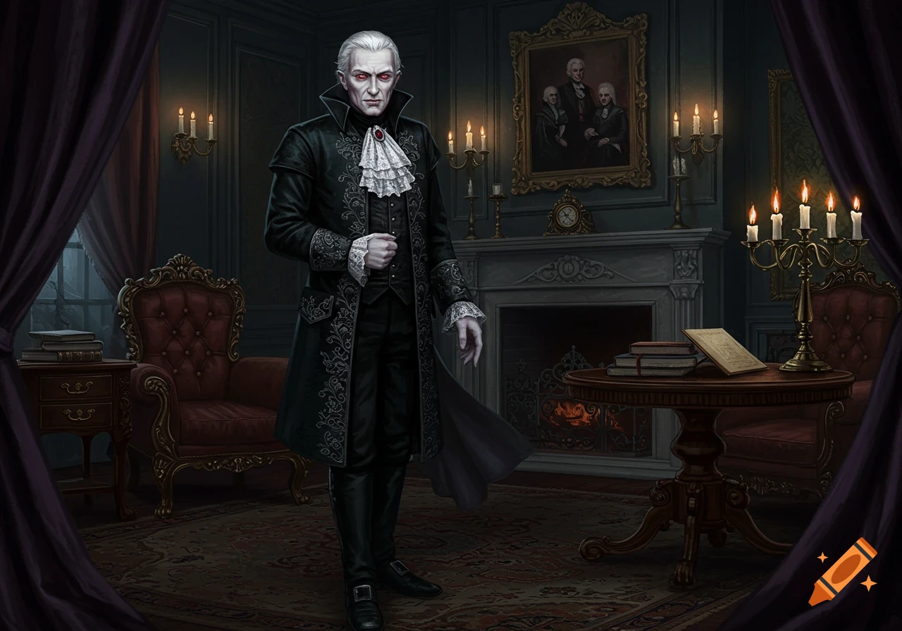 A gothic vampire in a black suit with white hair and red eyes stands in an ornate, dimly lit parlor.